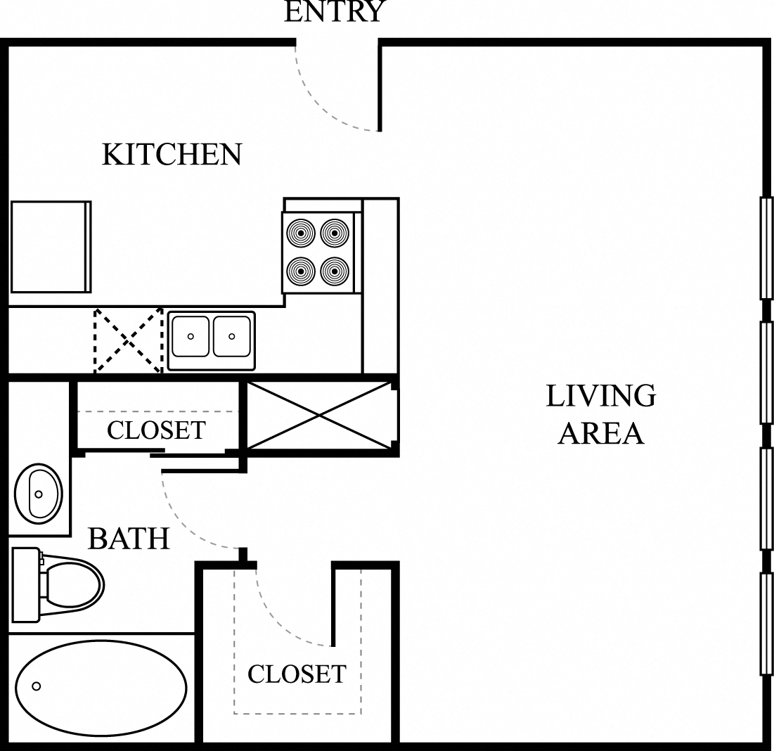 Floor plan for studio, 1 bath, 475 sqft